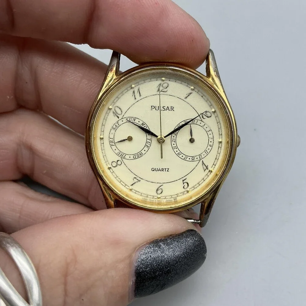 Pulsar Mens Watch 32mm Cream Dial Gold Tone Day Date V336-7000 For Parts